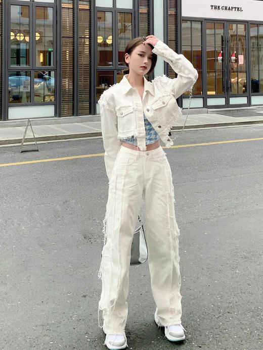 AGAMSTUDIO 21SS原创 可拆卸链条设计感毛边白色百搭牛仔短外套女 商品图4