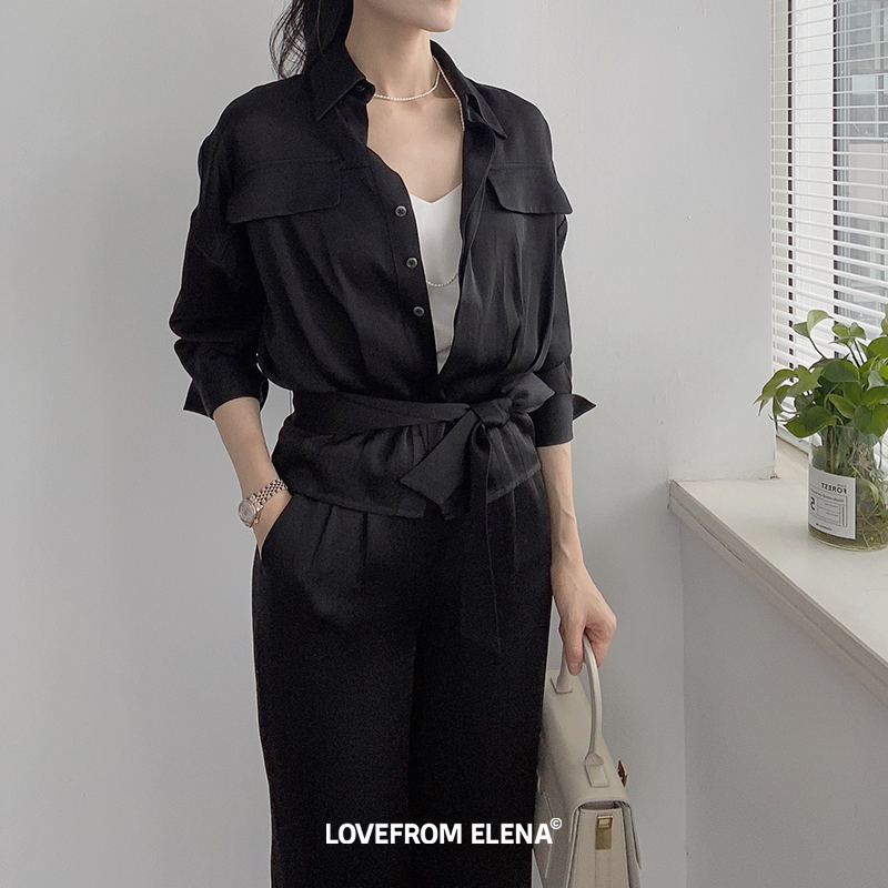 醋酸衬衫外套阔腿裤套装