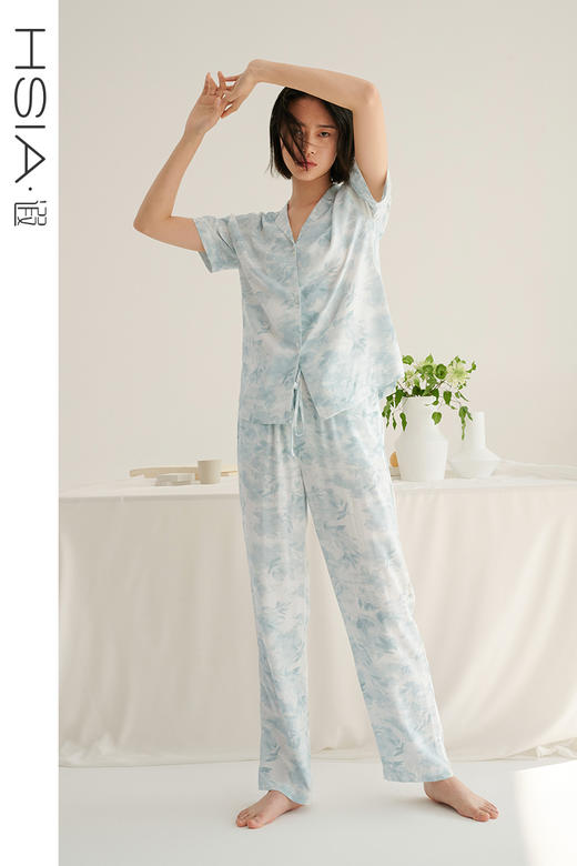 HSIA遐睡衣女夏季新款水墨画印花翻领短袖中腰长裤宽松家居服套装 商品图4