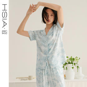 HSIA遐睡衣女夏季新款水墨画印花翻领短袖中腰长裤宽松家居服套装