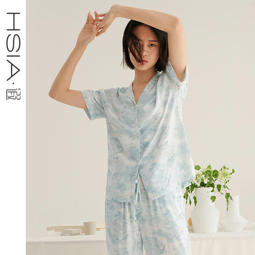 HSIA遐睡衣女夏季新款水墨画印花翻领短袖中腰长裤宽松家居服套装 商品图0