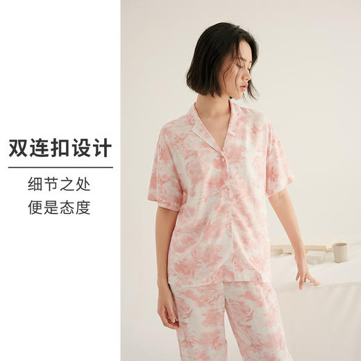 HSIA遐睡衣女夏季新款水墨画印花翻领短袖中腰长裤宽松家居服套装 商品图2