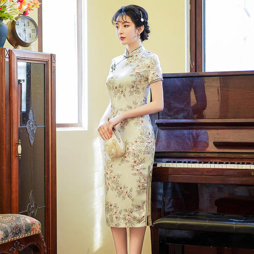 上海旗袍厂BJS-3156新款夏季高档改良复古丝绸旗袍新式中长款旗袍连衣裙 商品图2