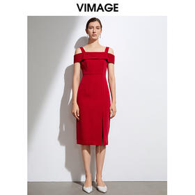 VIMAGE纬漫纪法式洋装吊带晚礼服裙红色连衣裙VB2107122