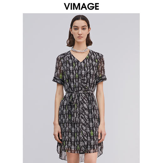 VIMAGE纬漫纪V领几何印花过膝收腰百搭连衣裙VB2107110 商品图4