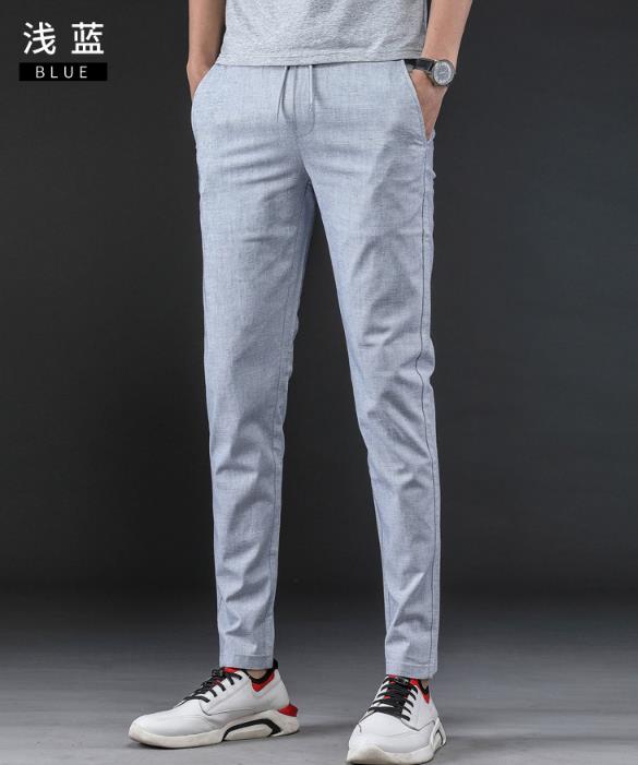 休闲裤男棉麻修身潮流直筒商务小脚亚麻裤子男士