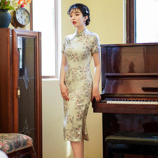 上海旗袍厂BJS-3156新款夏季高档改良复古丝绸旗袍新式中长款旗袍连衣裙 商品图0