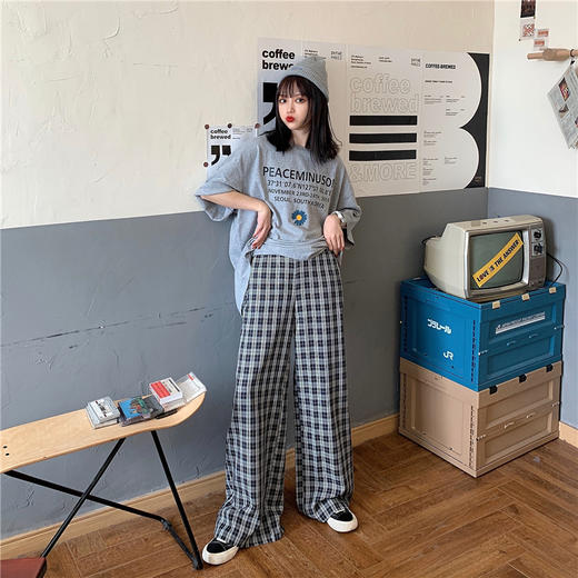 日系学生休闲工装裤子女夏季格子宽松百搭直筒阔腿裤九分裤长裤潮 商品图2