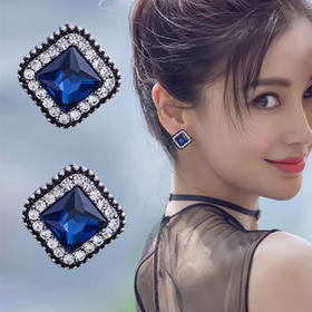 JU-D0395韩国蓝色耳环气质流行感女耳饰2021年新款潮方复古简约形水晶耳钉