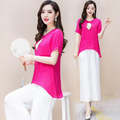 WE- KED981925 时尚两件套装女2021夏新款修身气质优雅短袖大码打底衫休闲阔腿裤 商品图2