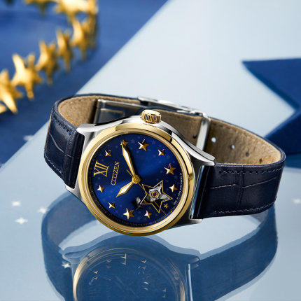 西铁城官方正品不锈钢间金色小牛皮皮带防水机械女表PC1009-27M 商品图2