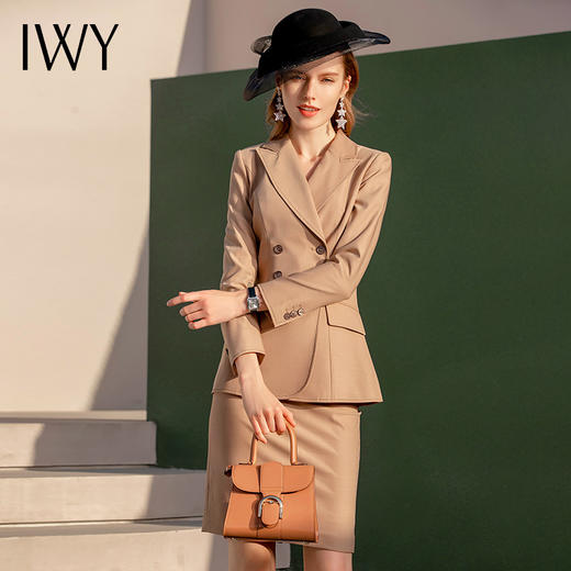 IWY/英伦风双排扣卡其色西装套装女时尚正装OL职业装套裙气质工服C1128+S982 商品图1