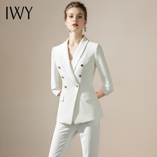 IWY/时尚英伦白色双排扣西装套装女七分袖正装西服职业装OL工装女CP1246-W 商品图0