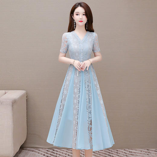 YWE  M21117蕾丝拼接短袖雪纺连衣裙 商品图2