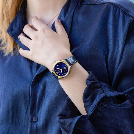 西铁城官方正品不锈钢间金色小牛皮皮带防水机械女表PC1009-27M 商品图3