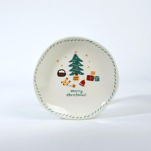 [现代住宅] 新款 韩国 手绘暖冬甜品盘 陶瓷圣诞甜品盘 18CM 绿色JPY带授权招加盟代理 商品图0