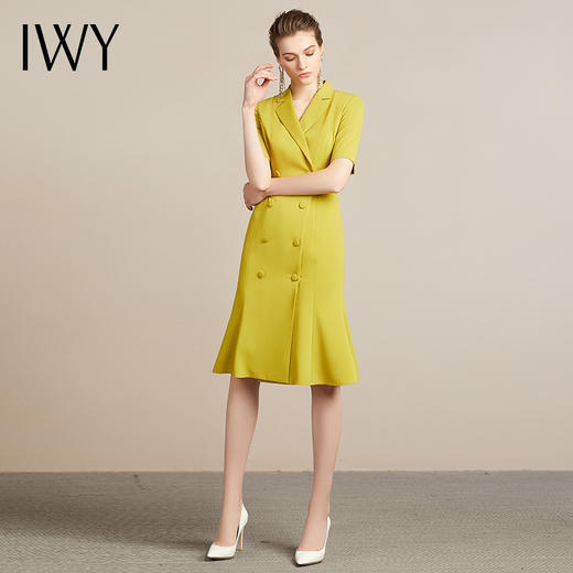 IWY/高端时尚芥末黄中袖连衣裙欧美女装西装领修身气质名媛裙212035Q1 商品图2