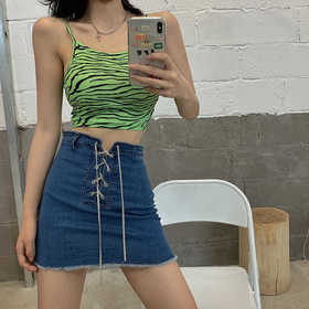 2022夏季新款欧美个性荧光绿斑马纹修身内搭露脐吊带小背心女潮