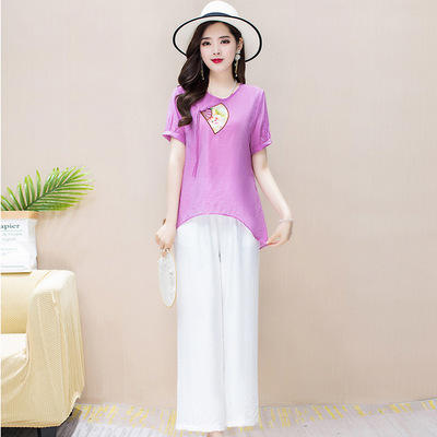 WE- KED981925 时尚两件套装女2021夏新款修身气质优雅短袖大码打底衫休闲阔腿裤 商品图1