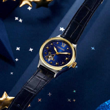 西铁城官方正品不锈钢间金色小牛皮皮带防水机械女表PC1009-27M 商品图7