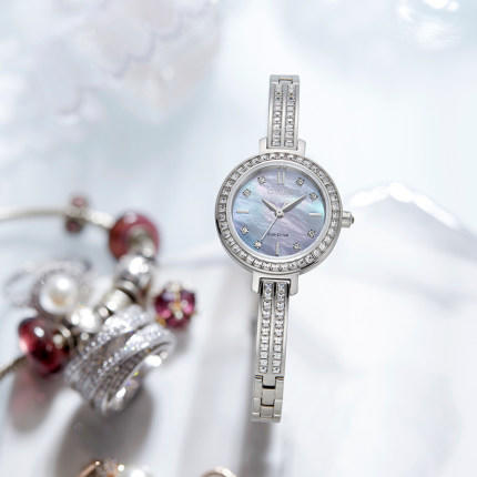 西铁城日本官方正品复古时尚璀璨水晶粉金色指针光动能女表EM0865-58E 商品图3