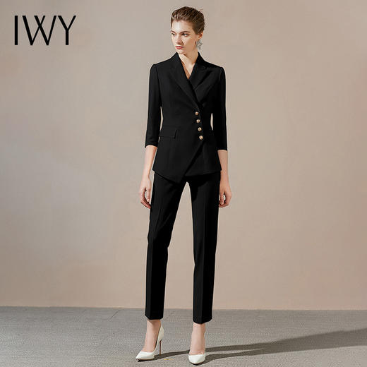 IWY/黑色西装套装女职业装女正装英伦时尚高端面试七分袖工作服C10408-B+P10407-B 商品图2