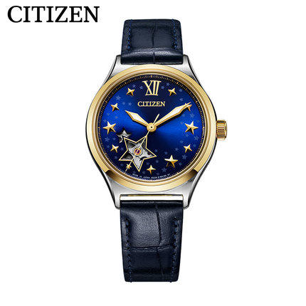 西铁城官方正品不锈钢间金色小牛皮皮带防水机械女表PC1009-27M 商品图1