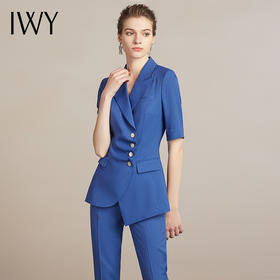 IWY/短袖高端时尚总裁蓝色西装套装气质洋气设计感商务套裤正装212043C1+P1
