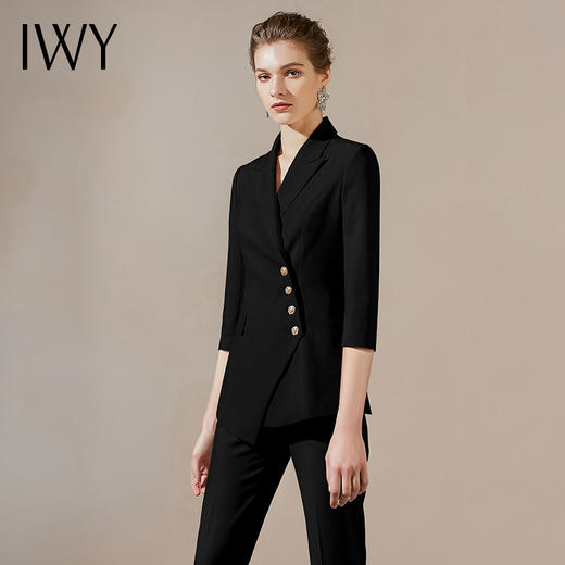 IWY/黑色西装套装女职业装女正装英伦时尚高端面试七分袖工作服C10408-B+P10407-B 商品图1