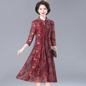 W-16836妈妈春装台湾纱连衣裙阔太太大码遮肚中老年连衣裙