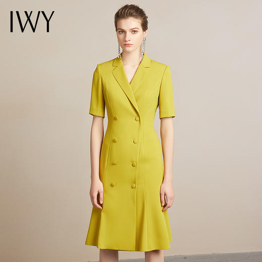 IWY/高端时尚芥末黄中袖连衣裙欧美女装西装领修身气质名媛裙212035Q1 商品图0