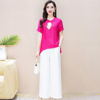 WE- KED981925 时尚两件套装女2021夏新款修身气质优雅短袖大码打底衫休闲阔腿裤 商品图4