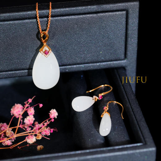 18K玫瑰金和田玉（白玉）镶钻耳饰--若云   双面水滴19*9*6mm/总长35mm 商品图3
