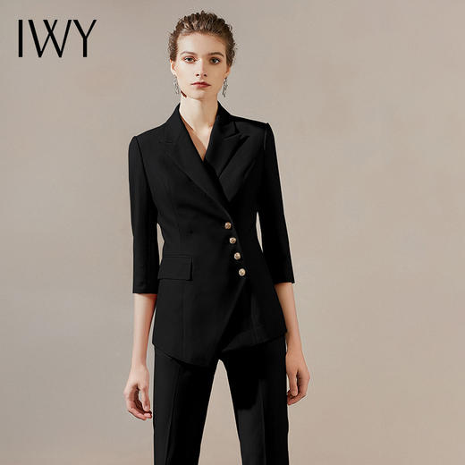 IWY/黑色西装套装女职业装女正装英伦时尚高端面试七分袖工作服C10408-B+P10407-B 商品图0