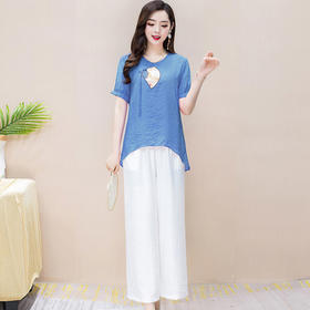 WE- KED981925 时尚两件套装女2021夏新款修身气质优雅短袖大码打底衫休闲阔腿裤