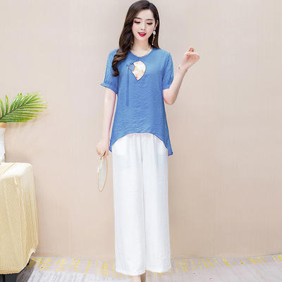 WE- KED981925 时尚两件套装女2021夏新款修身气质优雅短袖大码打底衫休闲阔腿裤 商品图0