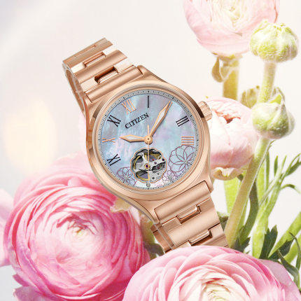 西铁城日本官方正品不锈钢镀粉金色镂空牡丹机械女表PC1007-81D 商品图3
