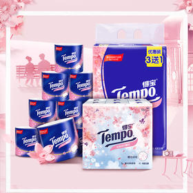 得宝（Tempo）樱花季限定套组-樱花有芯压花卷纸4层160g10卷+樱花抽纸4层90抽4包+樱花手帕纸4层7片12包