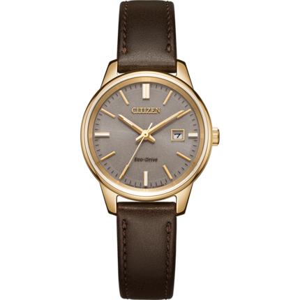 西铁城日本官方正品时尚简约卡其色表盘皮带光动能情侣对表（女表） EW2593-10X 商品图1