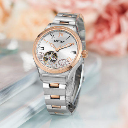 西铁城日本官方正品贝母盘镂空皮带牡丹机械女表PC1008-89A 商品图1