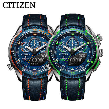 西铁城官方正品不锈钢间绿蓝色运动光动能皮带男表JW0149-10L 商品图3