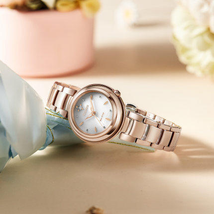 西铁城日本官方正品镶钻不锈钢镀樱花粉色光动能女表EM0583-84A 商品图5