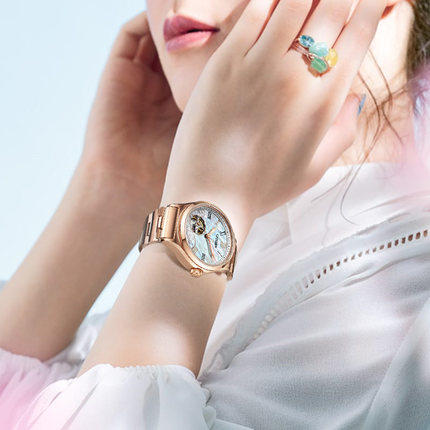 西铁城日本官方正品不锈钢镀粉金色镂空牡丹机械女表PC1007-81D 商品图6