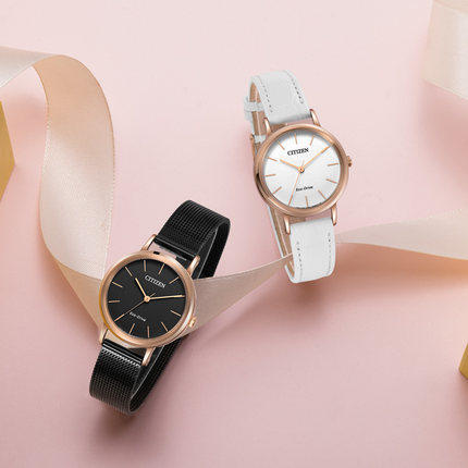 西铁城日本正品潮流ins风不锈钢镀玫瑰金色外壳不锈钢覆BIP表带光动能女表EM0577-87E 商品图3