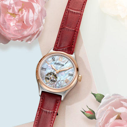 西铁城日本官方正品贝母盘镂空皮带牡丹机械女表PC1008-11Y 商品图1