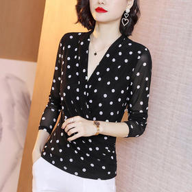 2023春波点V领网纱修身打底衫T恤内搭百搭小衫KQL-1862