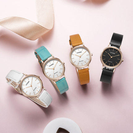 西铁城日本正品潮流ins风不锈钢镀玫瑰金色外壳不锈钢覆BIP表带光动能女表EM0577-87E 商品图4