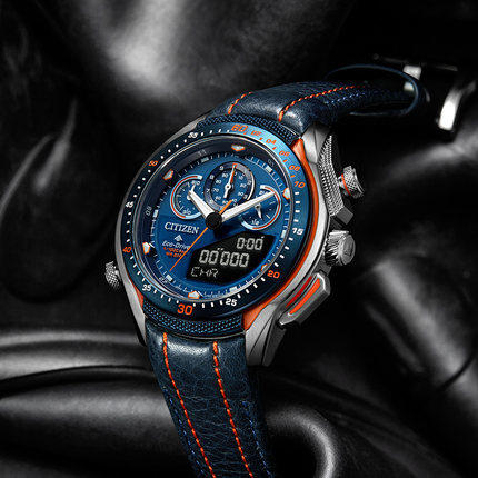 西铁城官方正品不锈钢间绿蓝色运动光动能皮带男表JW0149-10L 商品图2