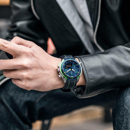 西铁城官方正品不锈钢间绿蓝色运动光动能皮带男表JW0148-12L 商品图2