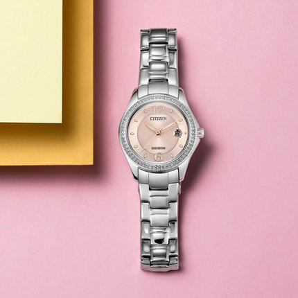 西铁城日本官方正品光动能镶水晶防水时尚潮流钢带日历女表FE1140-51X 商品图3